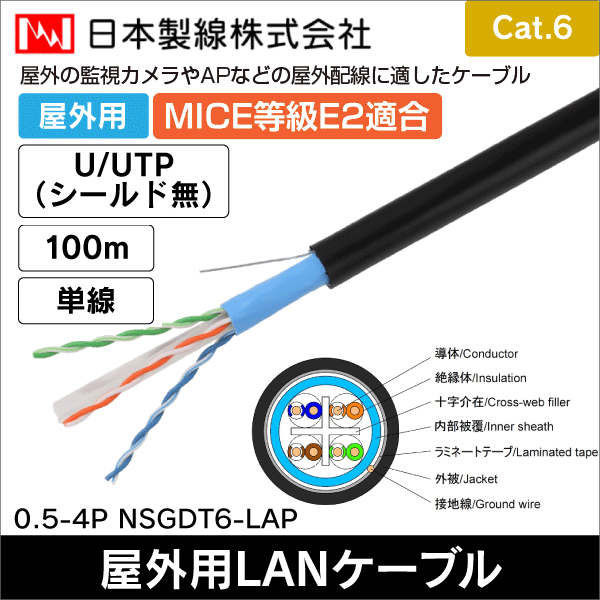 【日本製線】ギガビット伝送対応Cat.6 U／UTP 屋外ケーブル（100m） 0.5-4P NSGDT6-LAP