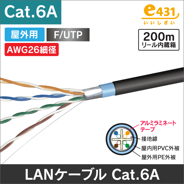 屋外用LANケーブル AWG26 細径 F/UTP Cat.6A　リール内蔵箱入 200m巻
