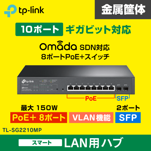 【TP-LINK】JetStream スイッチングハブ 10ポート【スマートスイッチ / PoE+対応 / SFP2ポート】VLAN機能搭載 ギガビット TL-SG2210MP