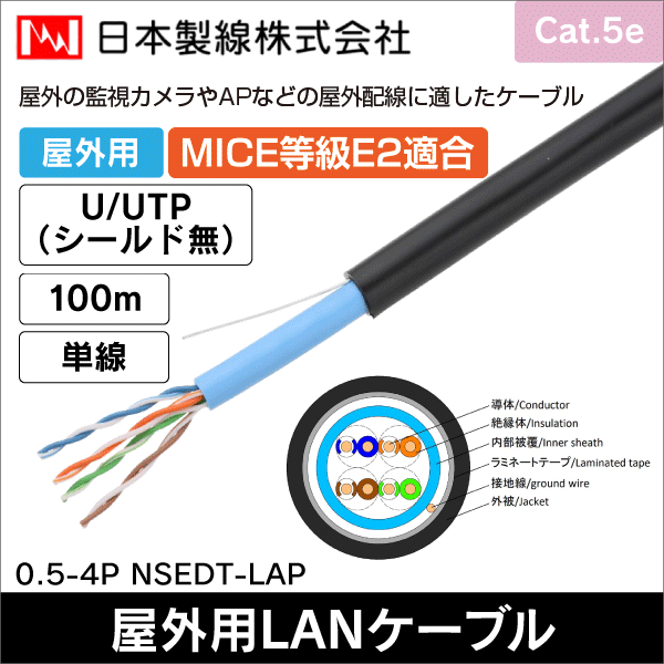 【日本製線】ギガビット伝送対応 屋外用ケーブル(Cat.5e)U/UTP 100m 0.5-4P NSEDT-LAP