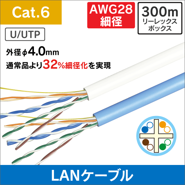 AWG28細径0.3-4P UTP Cat6 ケーブル 300m ホワイト