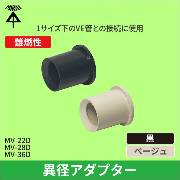 【未来工業】異径アダプター（VE用サイズダウン）適合（呼び）外側22（黒） MV-22D