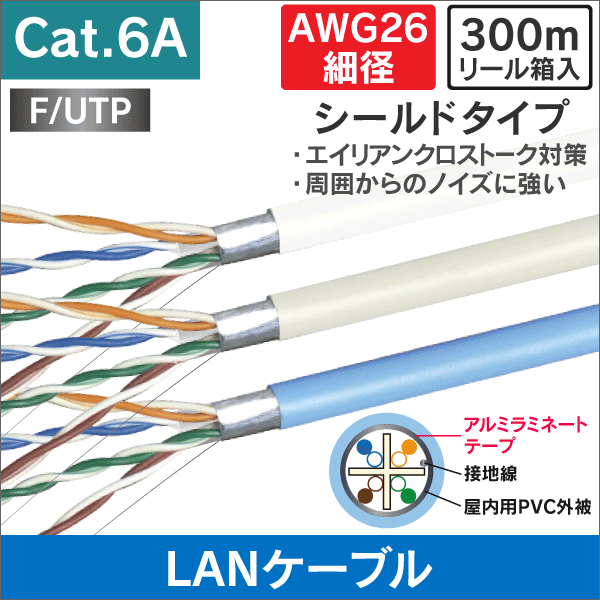 LANケーブル F/UTP AWG26 細径 Cat.6A LANケーブル 300m ホワイト