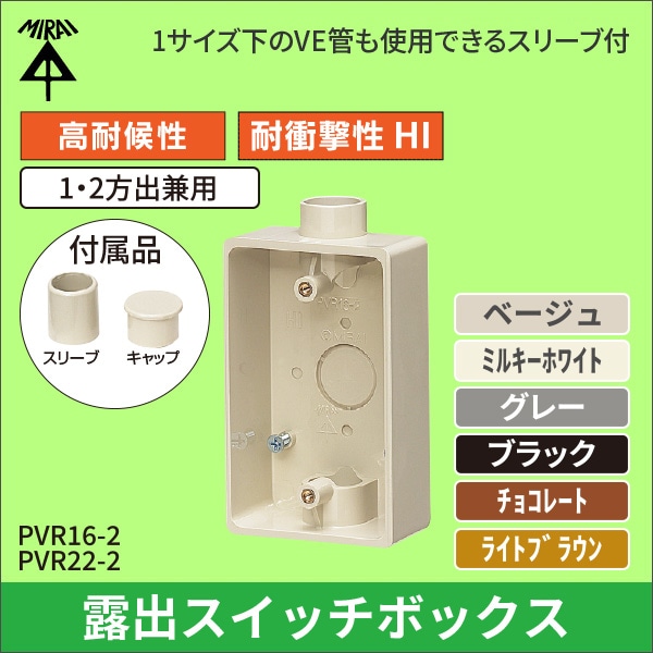 【未来工業】露出スイッチボックス（1・2方出兼用）14・16VE管用（ベージュ） PVR16-2J