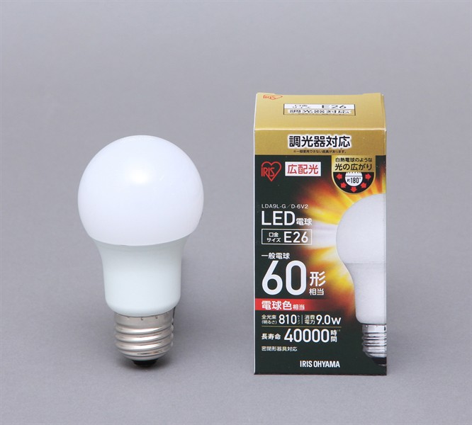 【アイリスオーヤマ】LED電球 調光 E26 広配光 60形相当 電球色 LDA9L-G/D-6V2