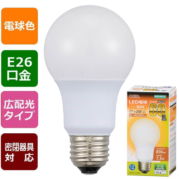オーム電機】LED電球 E26 60形相当（電球色） LDA7L-G AG53: |e431 