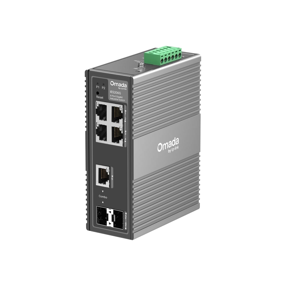 【TP-Link】Omada ギガビットポート×5／SFPスロット×2 産業用イージーマネージスイッチ（SFP／RJ45コンボポート×1） IES206G